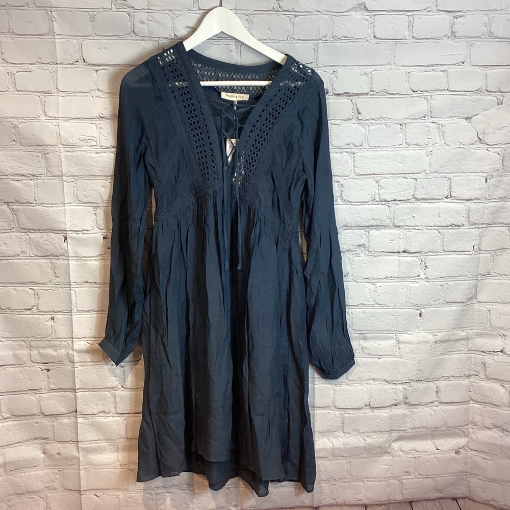 MOON & SKY BOHO HIPPIE FESTIVAL FLOWY LONG SLEEVE GAUZE DRESS BLUE NWT SZ LG